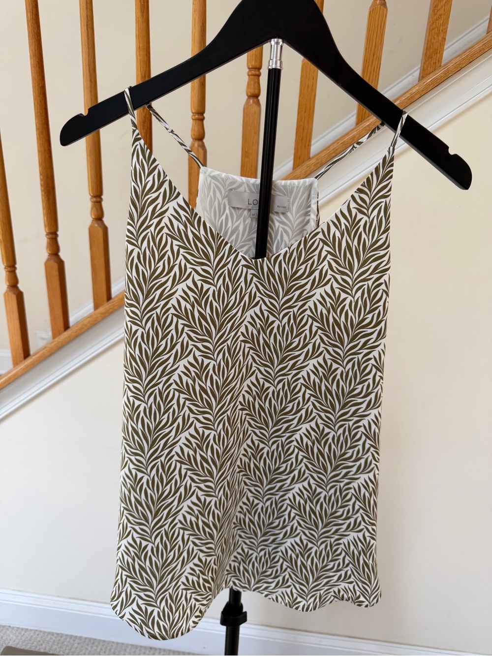 LOFT Olive Green and White Leaf Print Silk Tank